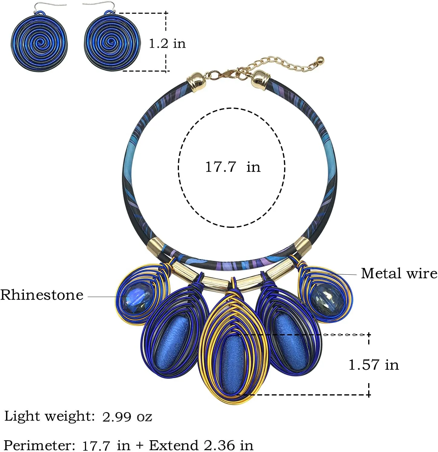 Chunky African Jewelry Statement Necklace For Women Tribal Fashion Costume Earring Set Unique Rhinestone Crystal Gold Wire Wrapped Big Wood Pendent Collar Choker Bib Handmade