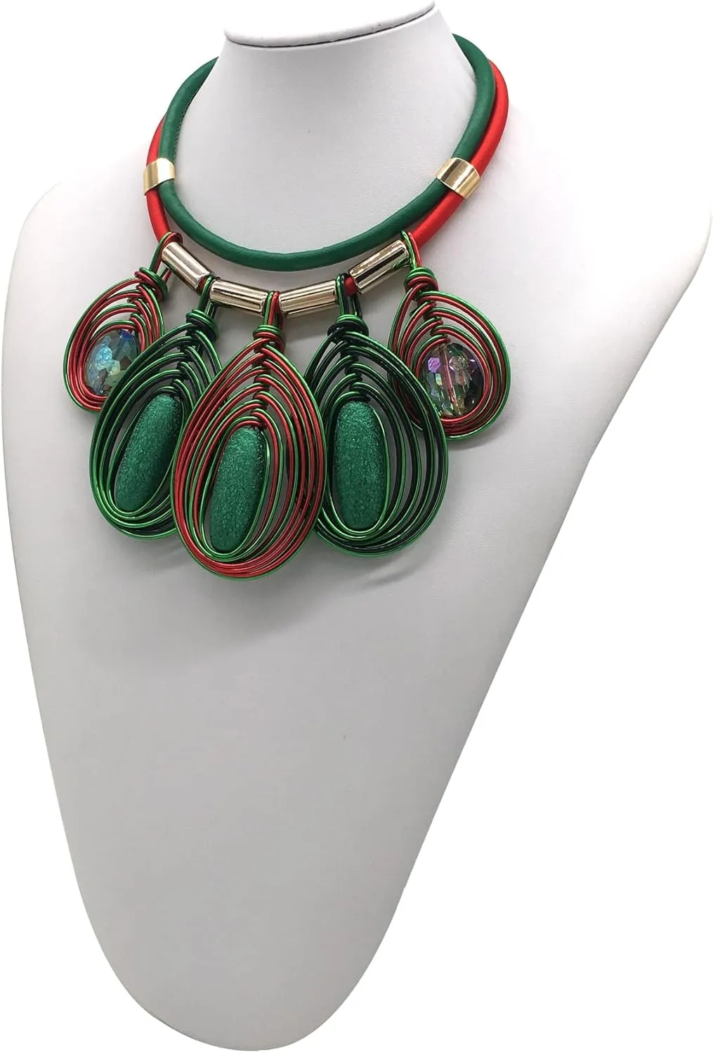 Chunky African Jewelry Statement Necklace For Women Tribal Fashion Costume Earring Set Unique Rhinestone Crystal Gold Wire Wrapped Big Wood Pendent Collar Choker Bib Handmade