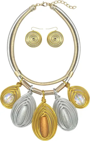 Chunky African Jewelry Statement Necklace For Women Tribal Fashion Costume Earring Set Unique Rhinestone Crystal Gold Wire Wrapped Big Wood Pendent Collar Choker Bib Handmade