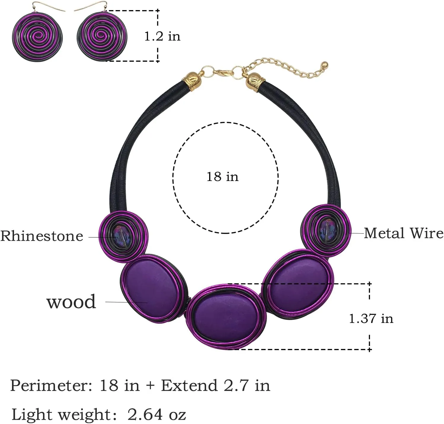 Chunky African Jewelry Statement Necklace For Women Tribal Fashion Costume Earring Set Unique Rhinestone Crystal Gold Wire Wrapped Big Wood Pendent Collar Choker Bib Handmade