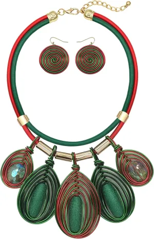 Chunky African Jewelry Statement Necklace For Women Tribal Fashion Costume Earring Set Unique Rhinestone Crystal Gold Wire Wrapped Big Wood Pendent Collar Choker Bib Handmade