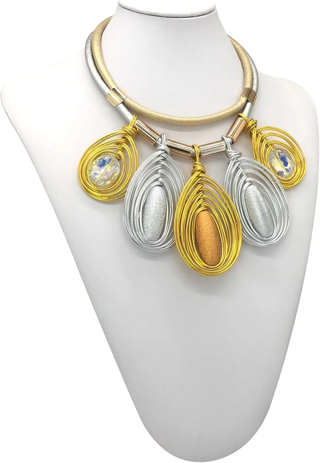 Chunky African Jewelry Statement Necklace For Women Tribal Fashion Costume Earring Set Unique Rhinestone Crystal Gold Wire Wrapped Big Wood Pendent Collar Choker Bib Handmade