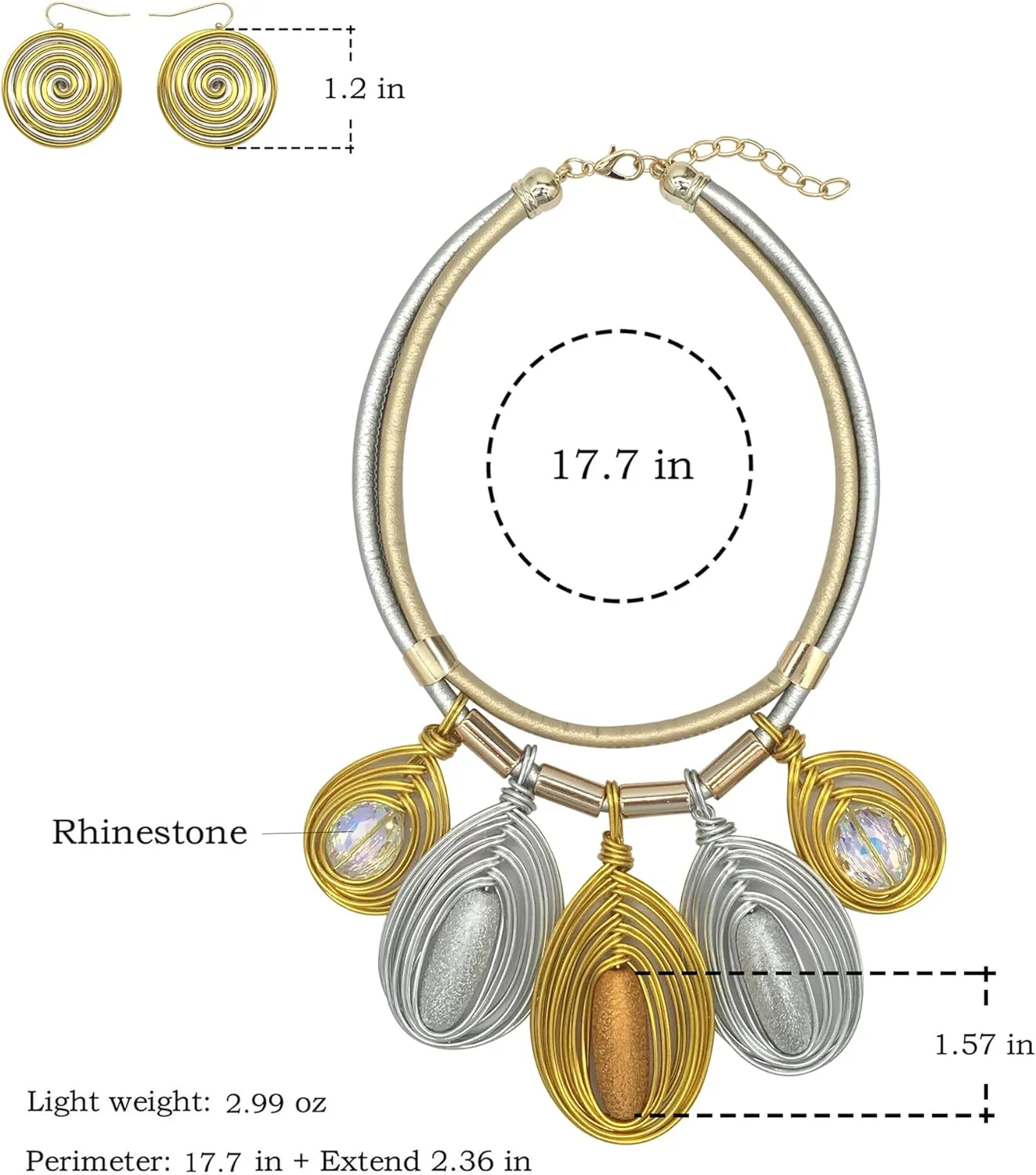 Chunky African Jewelry Statement Necklace For Women Tribal Fashion Costume Earring Set Unique Rhinestone Crystal Gold Wire Wrapped Big Wood Pendent Collar Choker Bib Handmade