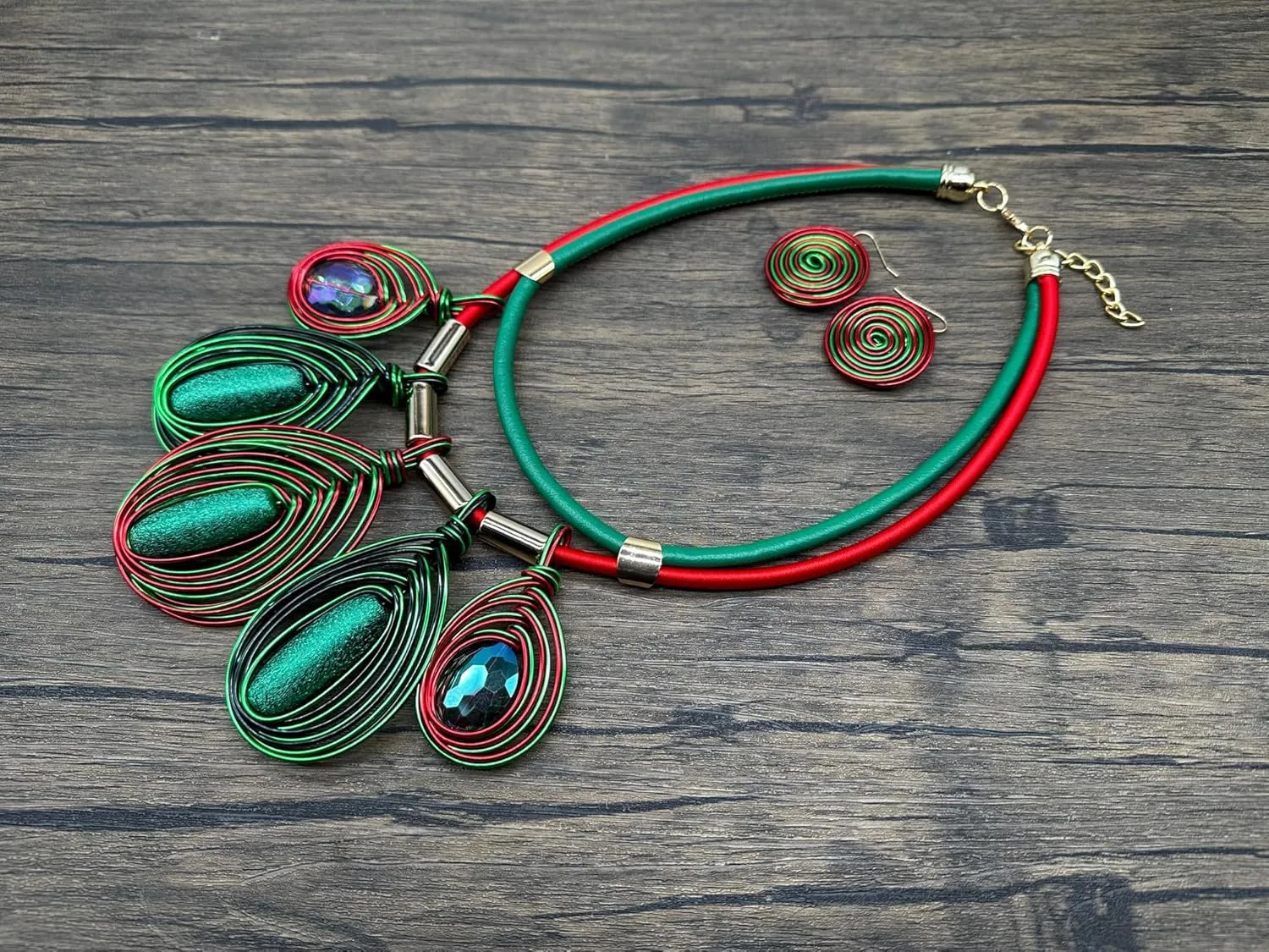 Chunky African Jewelry Statement Necklace For Women Tribal Fashion Costume Earring Set Unique Rhinestone Crystal Gold Wire Wrapped Big Wood Pendent Collar Choker Bib Handmade