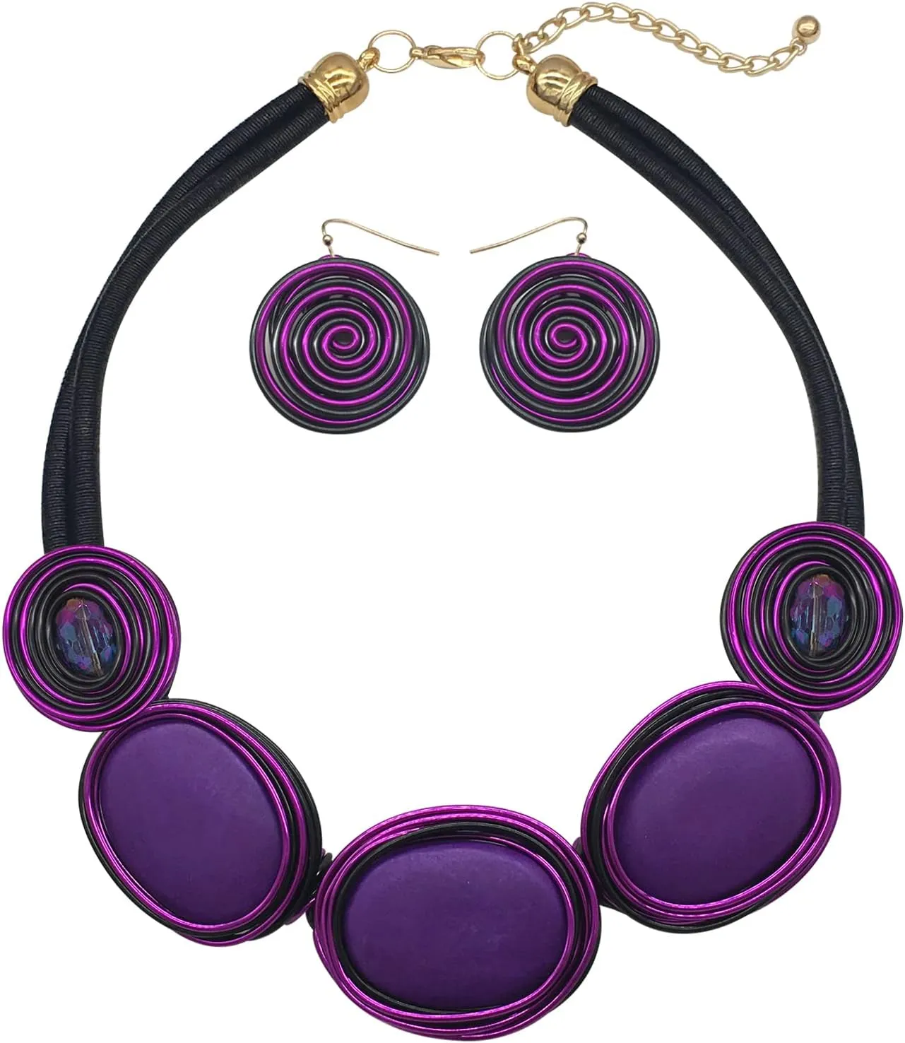 Chunky African Jewelry Statement Necklace For Women Tribal Fashion Costume Earring Set Unique Rhinestone Crystal Gold Wire Wrapped Big Wood Pendent Collar Choker Bib Handmade
