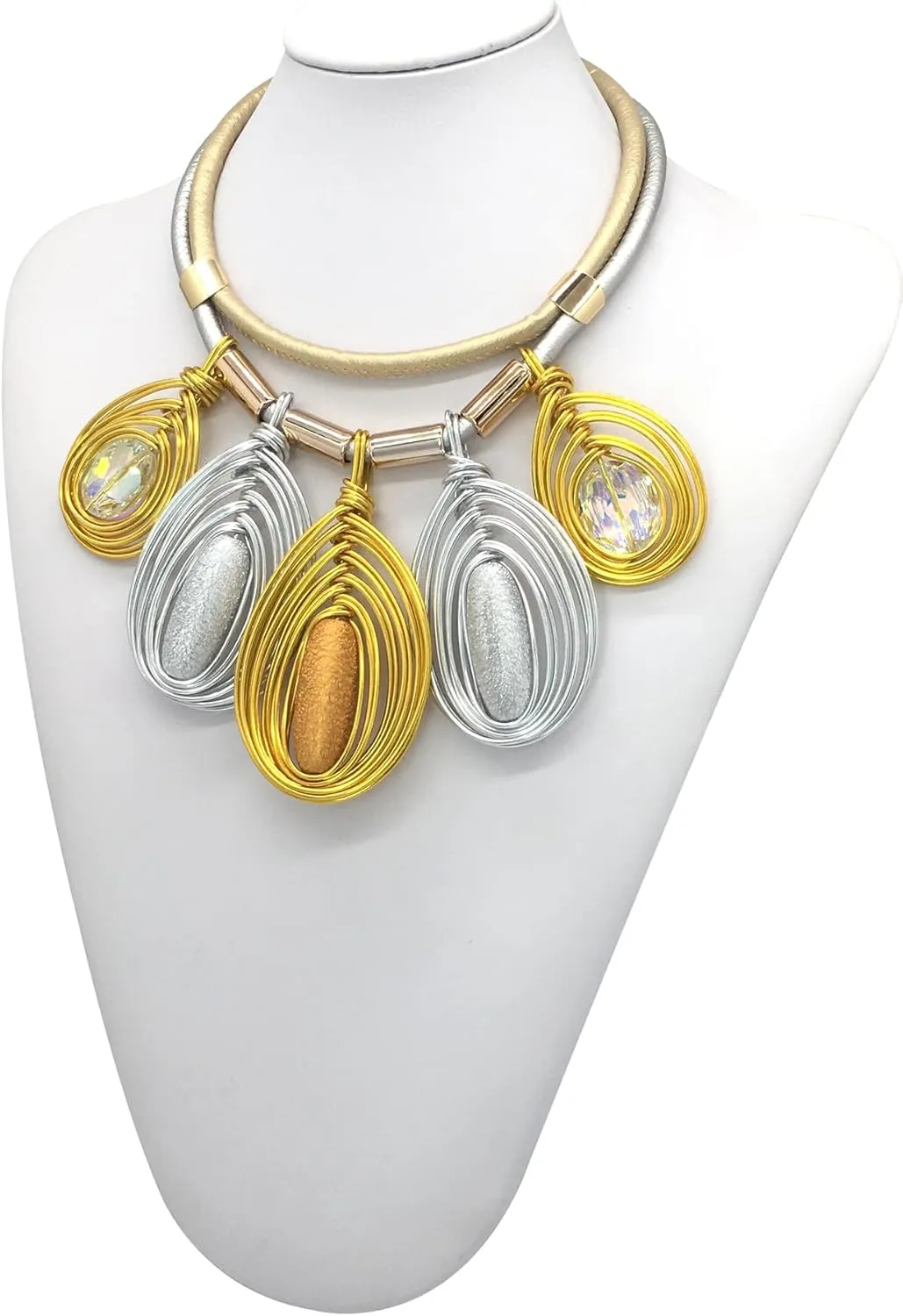 Chunky African Jewelry Statement Necklace For Women Tribal Fashion Costume Earring Set Unique Rhinestone Crystal Gold Wire Wrapped Big Wood Pendent Collar Choker Bib Handmade
