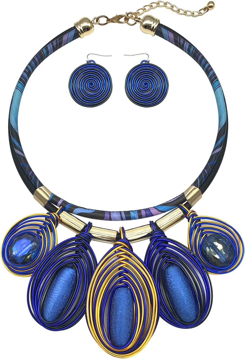 Chunky African Jewelry Statement Necklace For Women Tribal Fashion Costume Earring Set Unique Rhinestone Crystal Gold Wire Wrapped Big Wood Pendent Collar Choker Bib Handmade