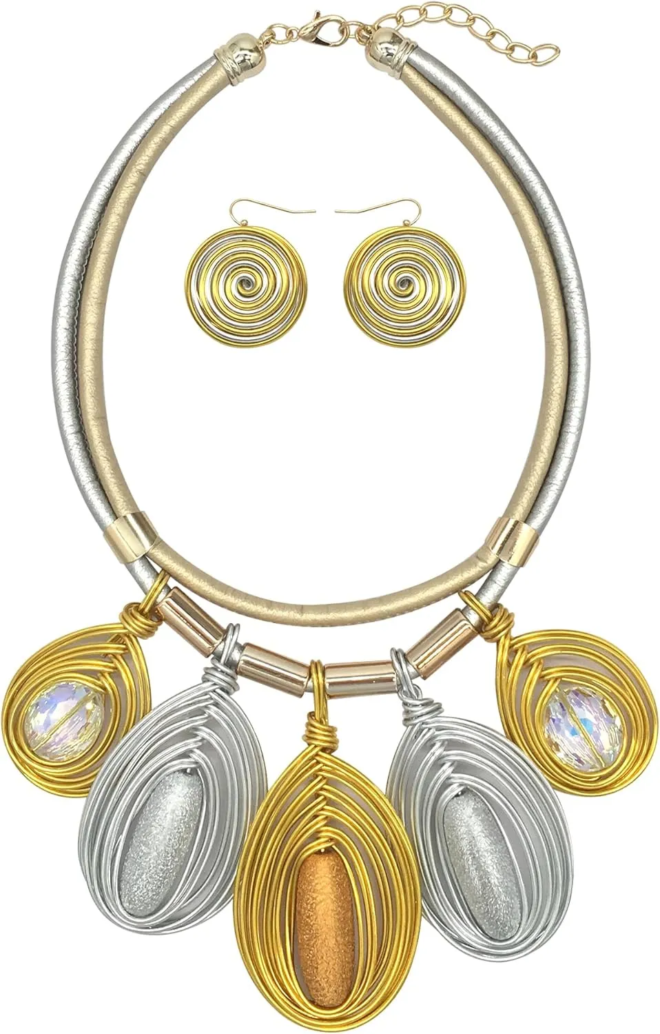 Chunky African Jewelry Statement Necklace For Women Tribal Fashion Costume Earring Set Unique Rhinestone Crystal Gold Wire Wrapped Big Wood Pendent Collar Choker Bib Handmade
