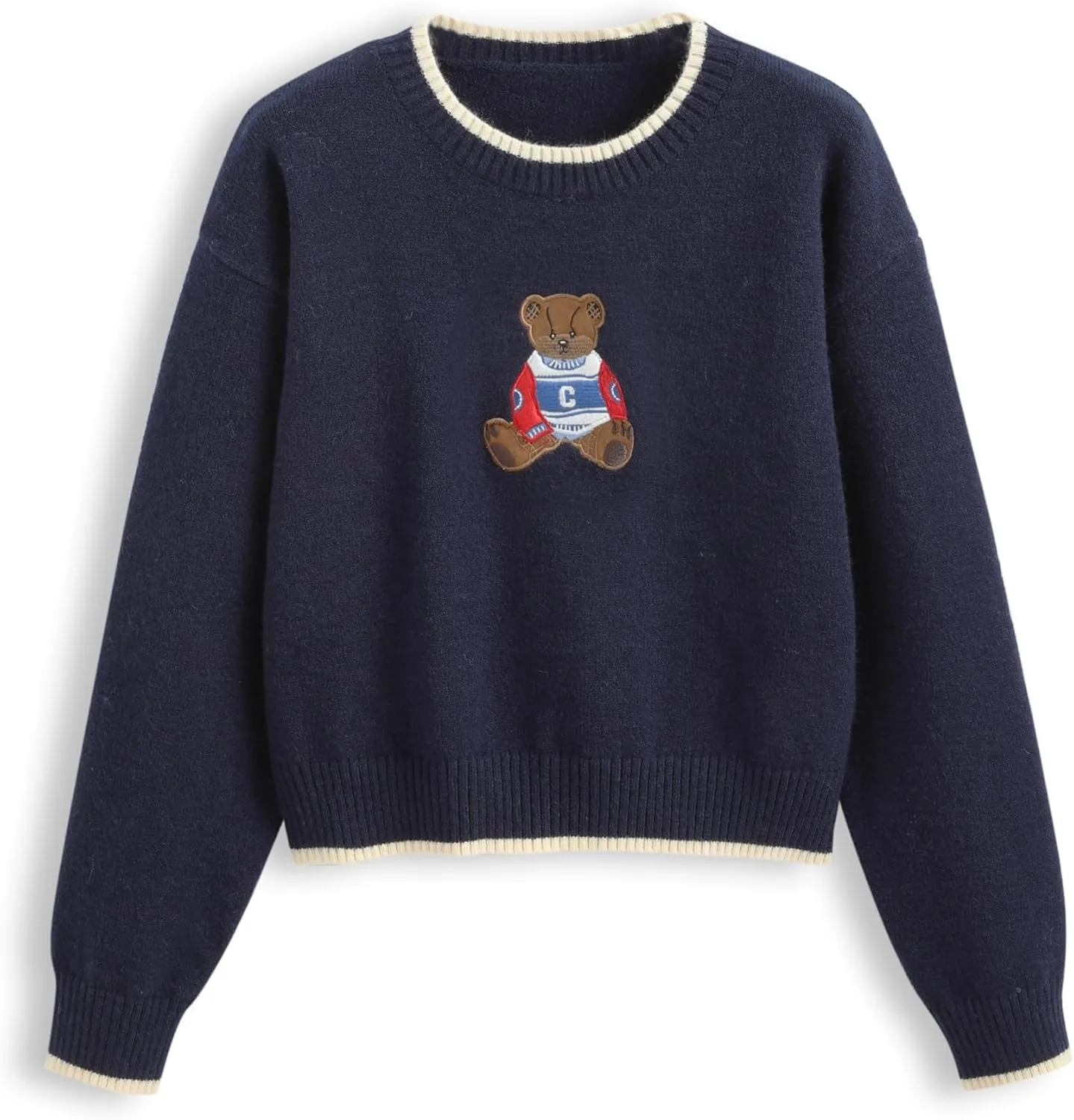 CIDER Womens Sweaters Fall Long Sleeve Bear Graphic Crewneck Sweater Soft Knit Casual Cropped Pullover Cute Fall Outfits 2024