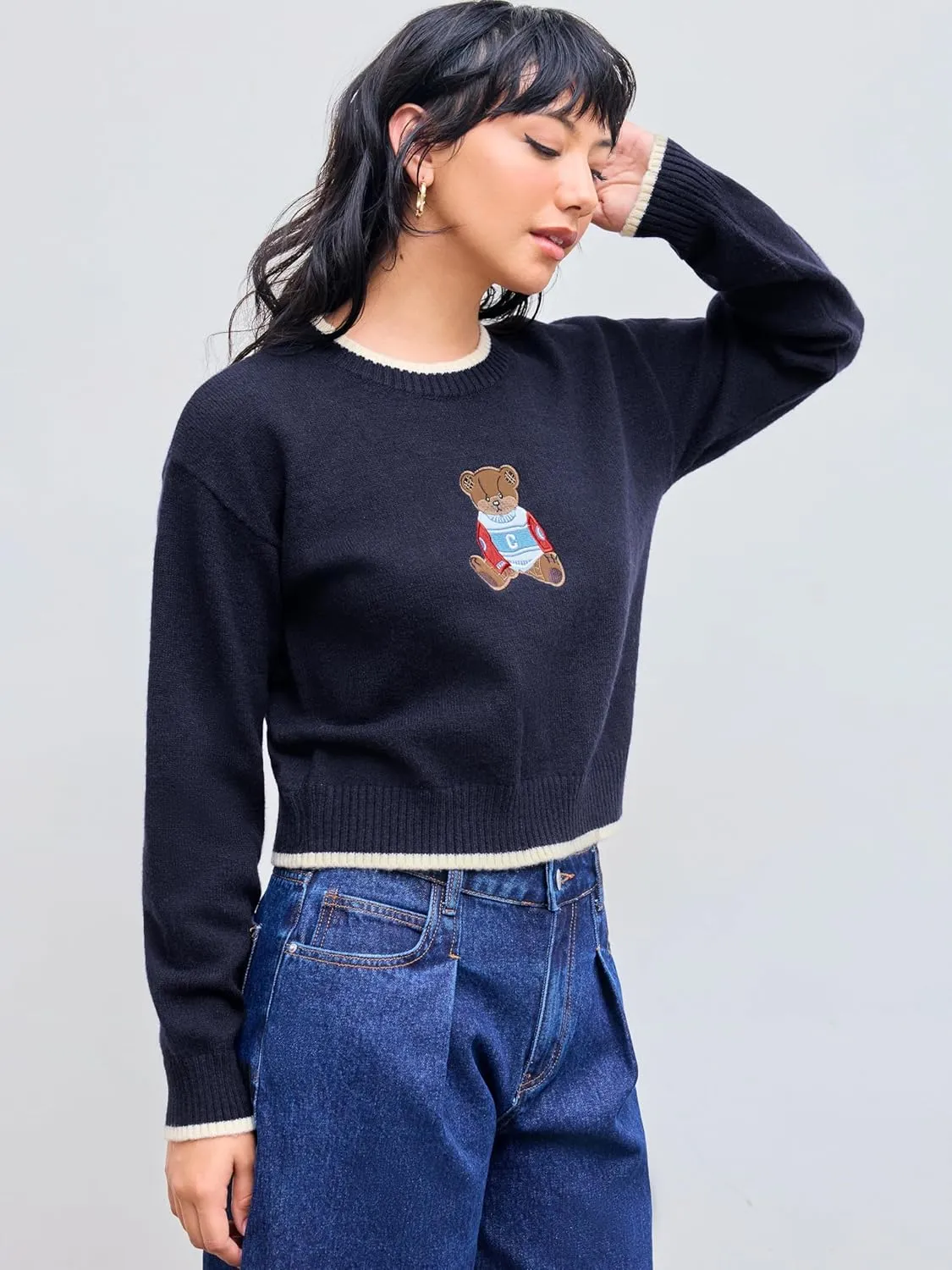CIDER Womens Sweaters Fall Long Sleeve Bear Graphic Crewneck Sweater Soft Knit Casual Cropped Pullover Cute Fall Outfits 2024