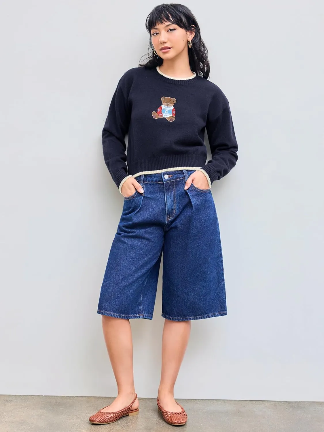 CIDER Womens Sweaters Fall Long Sleeve Bear Graphic Crewneck Sweater Soft Knit Casual Cropped Pullover Cute Fall Outfits 2024