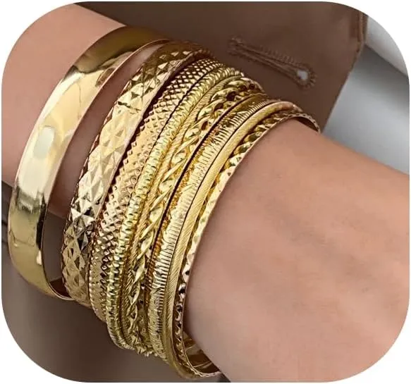 CJIAYUJEW Gold Bangle Bracelets Set for Women Chunky Stackable Textured Cuff Bracelet Set Multilayer Boho Cable Bracelet Trendy Jewelry for Women