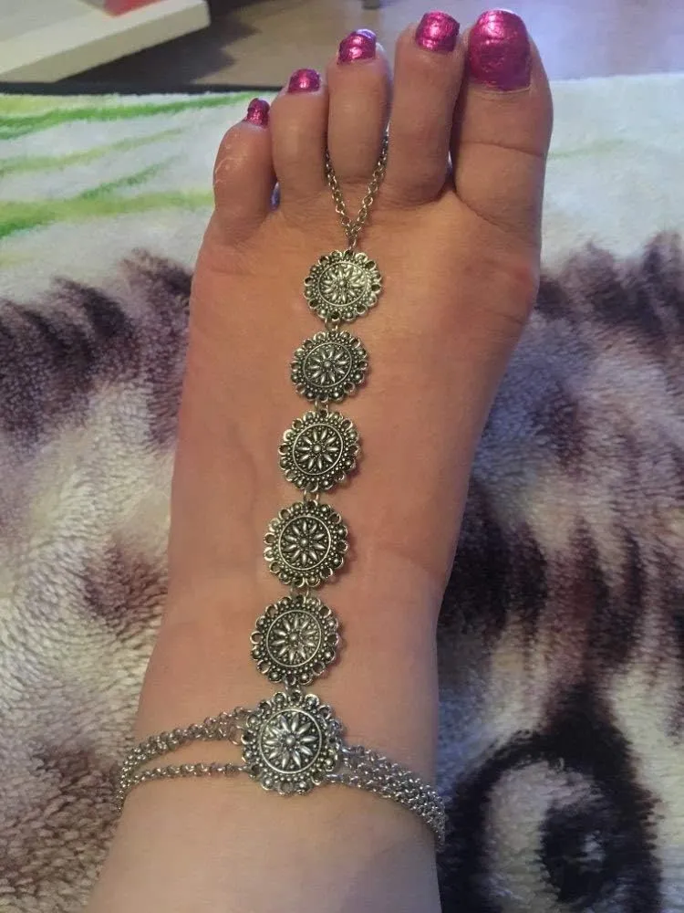 COLORFUL BLING 2 Pcs Boho Coin Barefoot Anklets Sandals Gold Silver Color Charm Disc Ankle Bracelet Summer Anklet Beach Foot Chain Jewelry for Women
