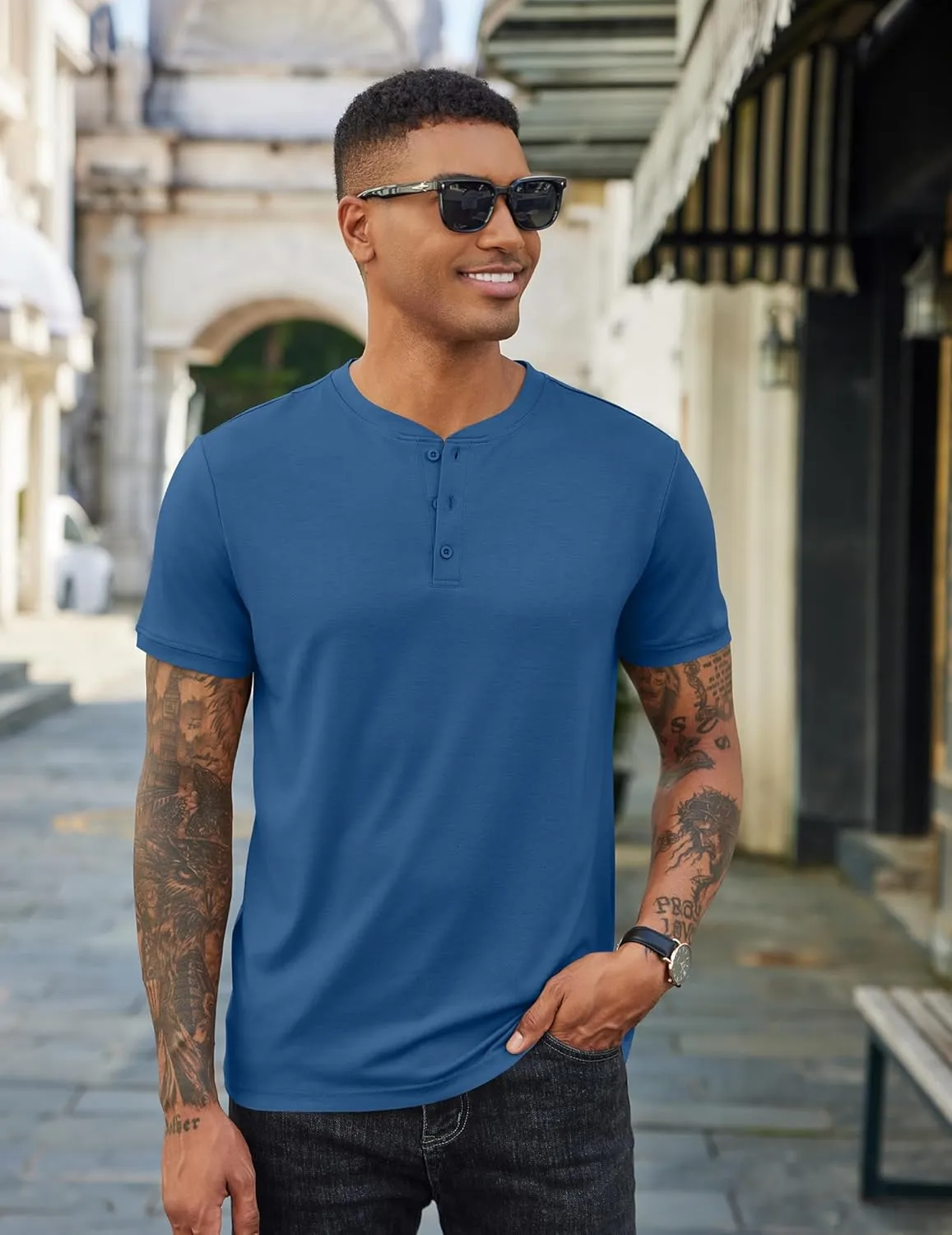 COOFANDY Men's Henley Shirts Cotton Short Sleeve Casual T-Shirt Button Henley Basic Tee Lightweight Summer Top