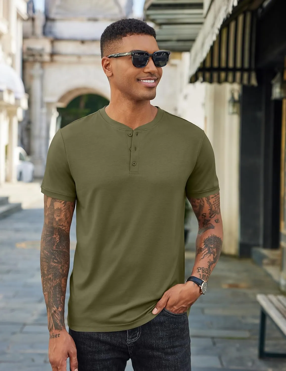 COOFANDY Men's Henley Shirts Cotton Short Sleeve Casual T-Shirt Button Henley Basic Tee Lightweight Summer Top