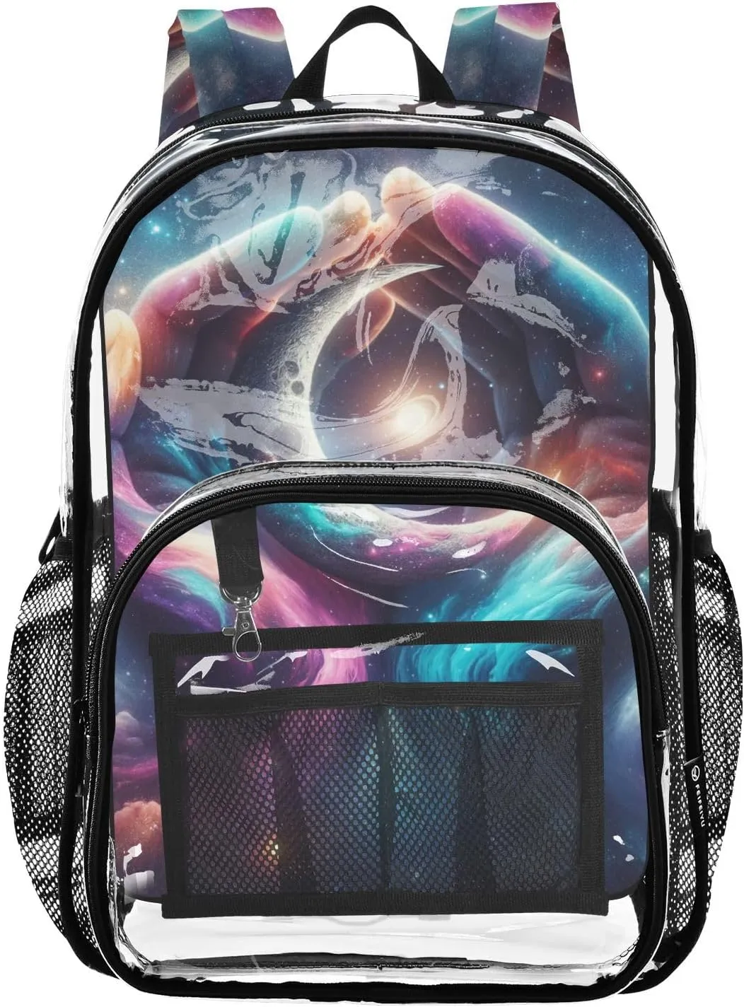 Cosmetic Theme Clear Plastic Backpack - Transparent PVC Heavy Duty Bag with Large Main Pocket and Mesh Pockets - Ideal for School, Travel, Outings - Clear Backpack for Everyday Use