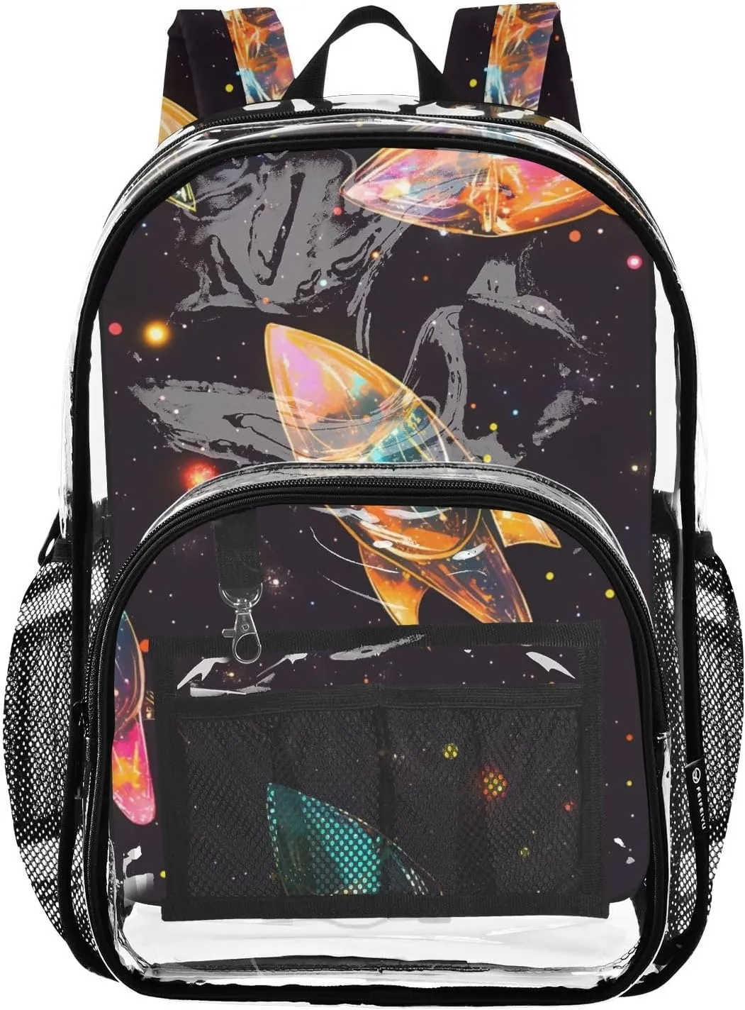 Cosmic Rainbow Rockets Clear Plastic Backpack - Transparent PVC Heavy Duty Bag with Large Main Pocket and Mesh Pockets - Ideal for School, Travel, Outings - Clear Backpack for Everyday Use