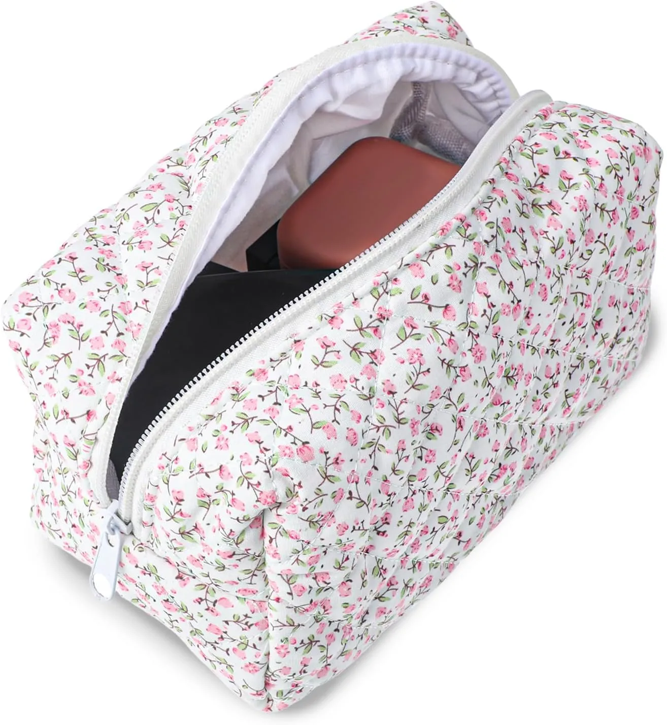 Cotton Quilted Makeup Bag, Cute Small Floral Cotton Makeup Bag, Toiletry Bag Cosmetic Bag, Quilted Floral Organizer Bag Travel Coquette Aesthetic Portable Storage Zipper Purse for Women (Pink)