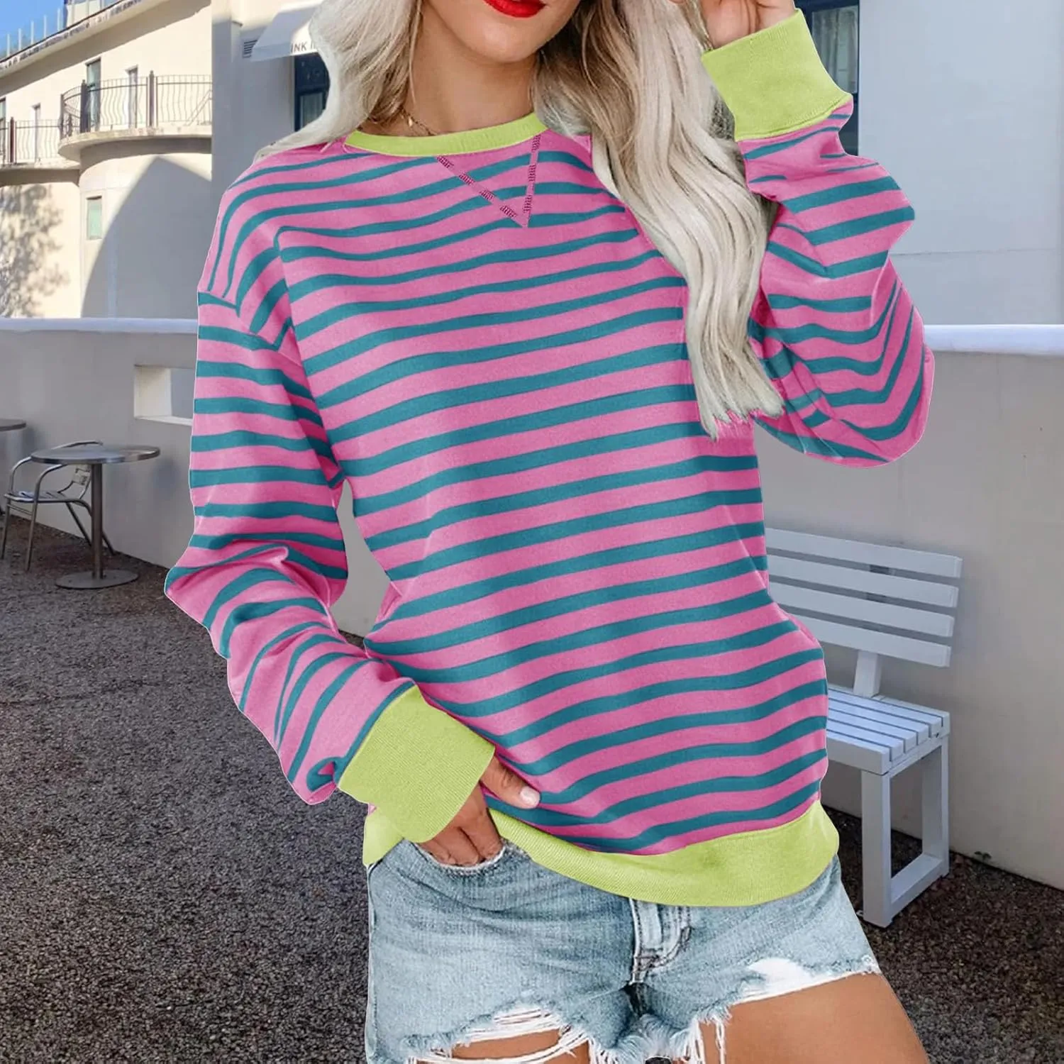 Crewneck Sweatshirts Women Colors Block Striped Fall Sweatshirts Comfy Soft Lightweight Pullover Sweaters Tops