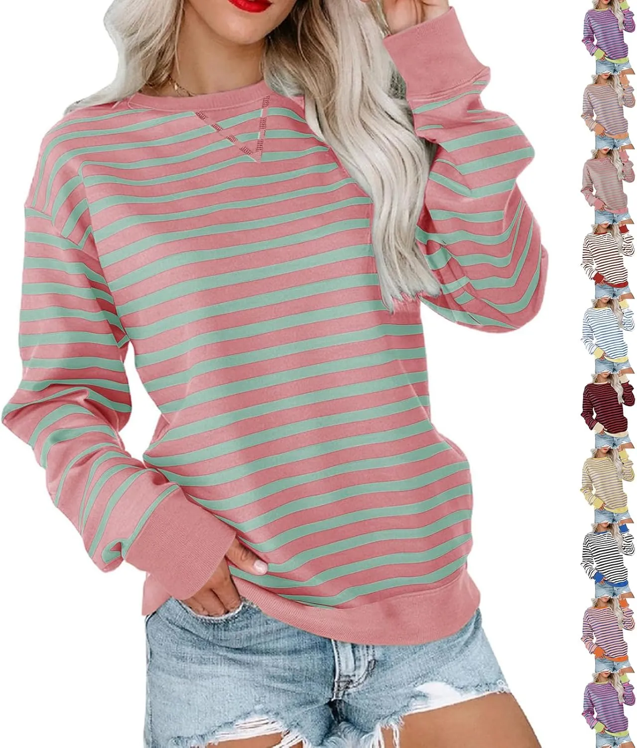 Crewneck Sweatshirts Women Colors Block Striped Fall Sweatshirts Comfy Soft Lightweight Pullover Sweaters Tops