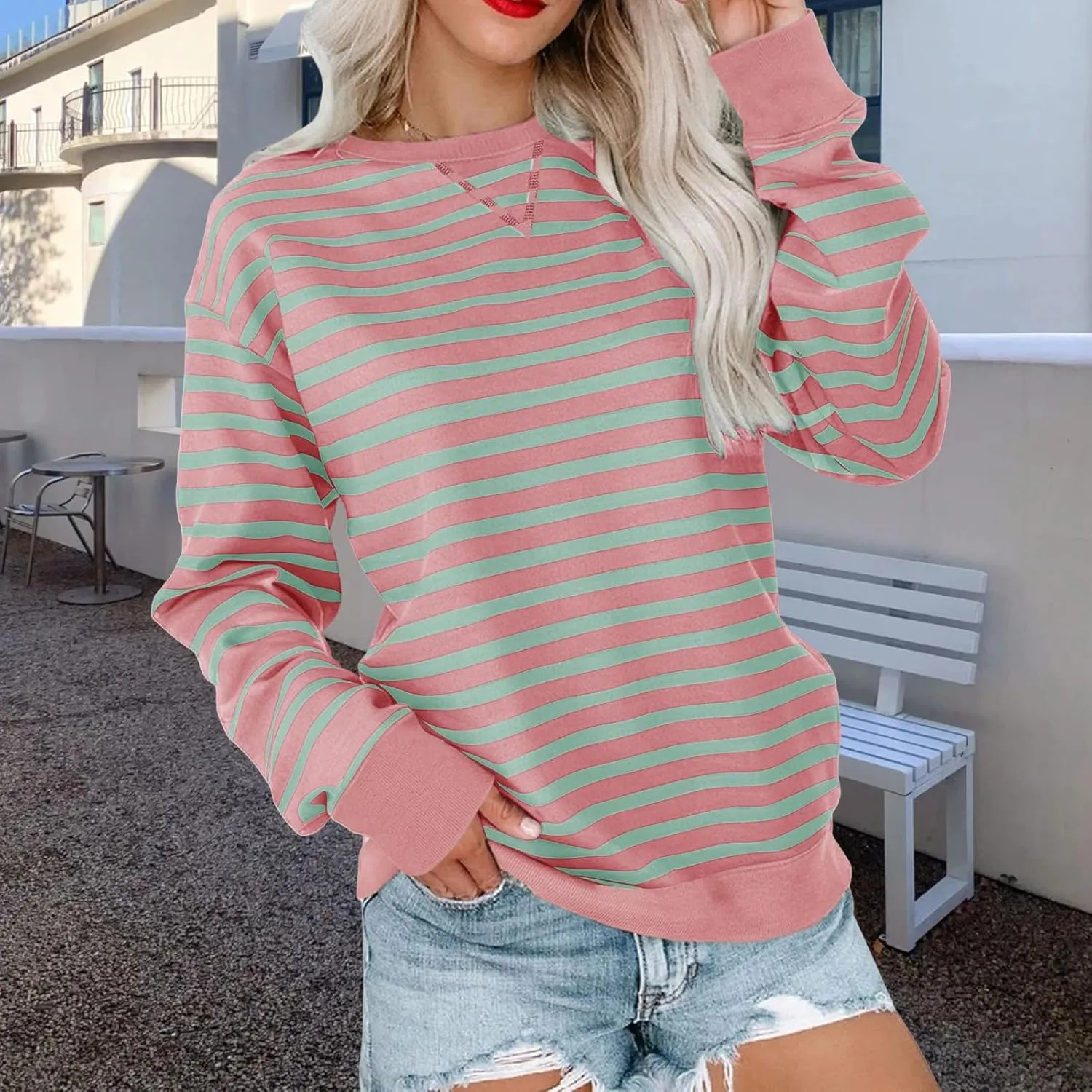 Crewneck Sweatshirts Women Colors Block Striped Fall Sweatshirts Comfy Soft Lightweight Pullover Sweaters Tops