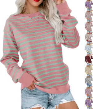 Crewneck Sweatshirts Women Colors Block Striped Fall Sweatshirts Comfy Soft Lightweight Pullover Sweaters Tops
