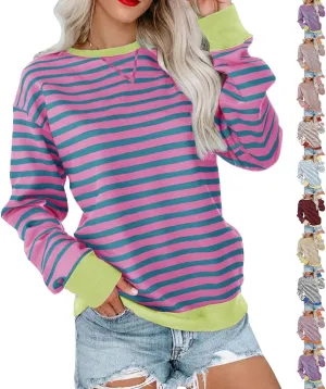 Crewneck Sweatshirts Women Colors Block Striped Fall Sweatshirts Comfy Soft Lightweight Pullover Sweaters Tops