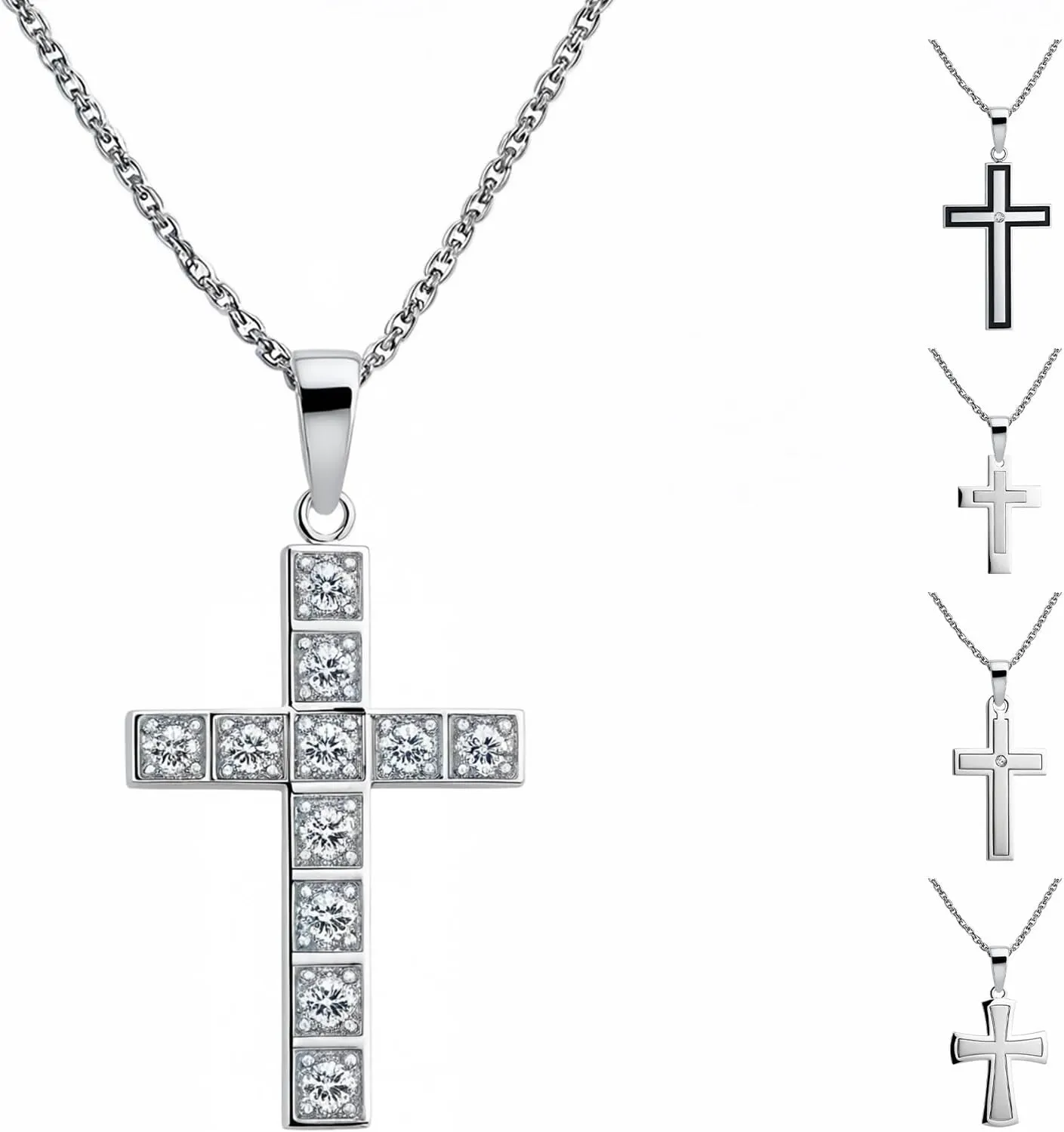 Cross Necklace for Men, Silver/Black/Diamond Stainless Steel Cross Necklace for Men, Hypoallergenic Religious Jewelry Gift for Him, Husband, Boyfriend
