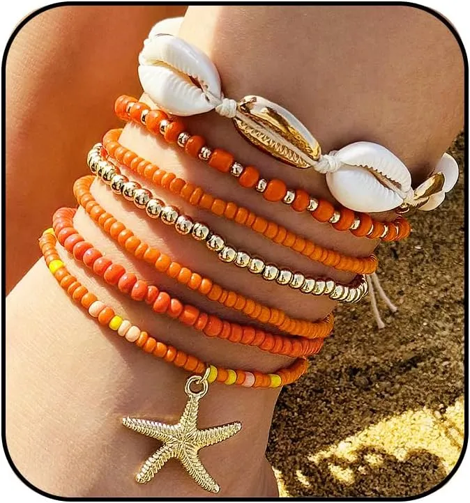 CSIYANJRY99 Shell Starfish Anklets Bracelet 7pcs Boho Seashell Beaded Anklet Hawaii Summer Beach Waterproof Surfer Starfish Anklets for Women