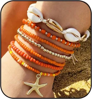 CSIYANJRY99 Shell Starfish Anklets Bracelet 7pcs Boho Seashell Beaded Anklet Hawaii Summer Beach Waterproof Surfer Starfish Anklets for Women