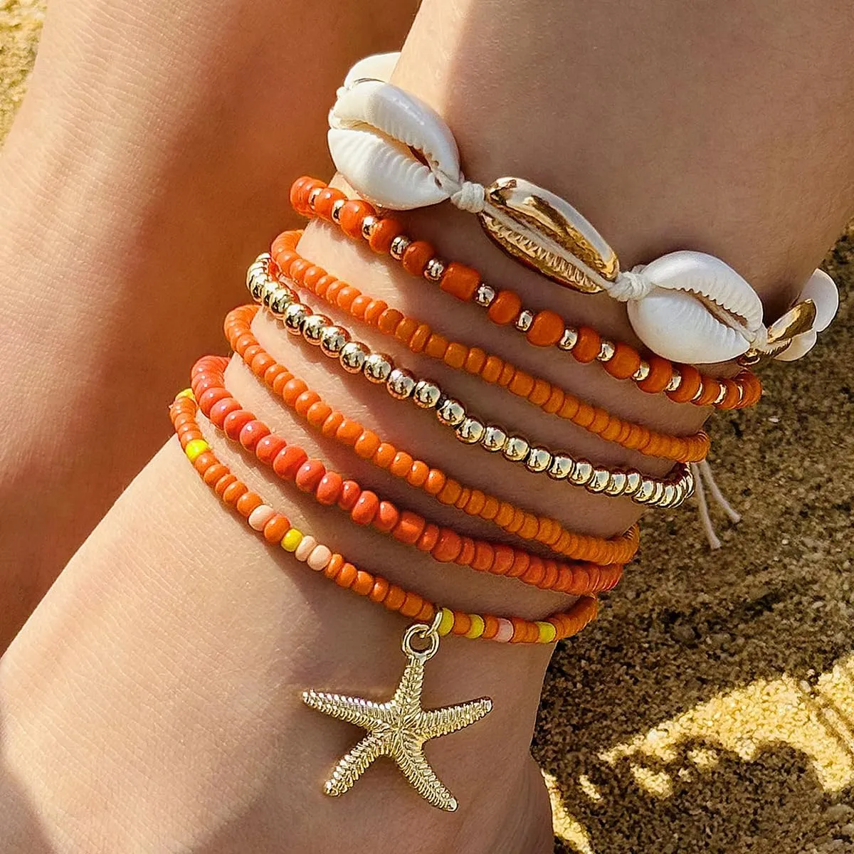CSIYANJRY99 Shell Starfish Anklets Bracelet 7pcs Boho Seashell Beaded Anklet Hawaii Summer Beach Waterproof Surfer Starfish Anklets for Women