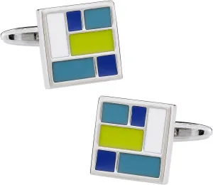 Cuff-Daddy Retro Enamel Green, White, and Blue Square Cufflinks with Presentation Box