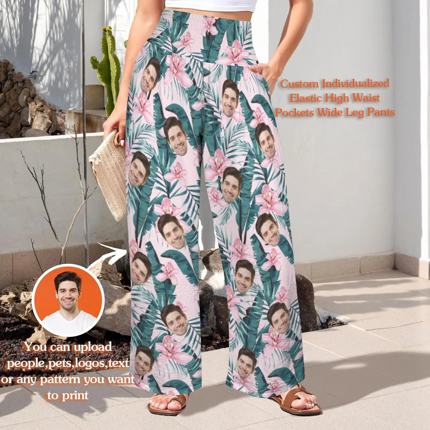 Custom Face Wide Leg Pants for Women Personalized Summer Beach Flowy High Waist Trousers with Pockets 2024 Fun Gift