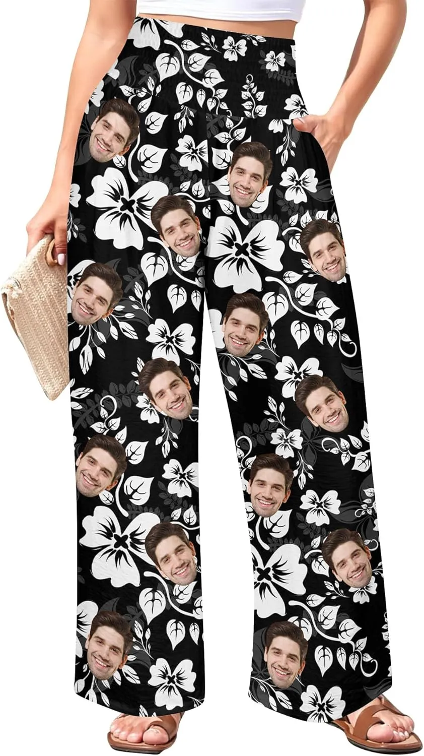 Custom Face Wide Leg Pants for Women Personalized Summer Beach Flowy High Waist Trousers with Pockets 2024 Fun Gift