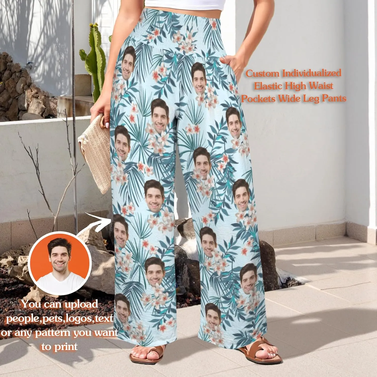 Custom Face Wide Leg Pants for Women Personalized Summer Beach Flowy High Waist Trousers with Pockets 2024 Fun Gift