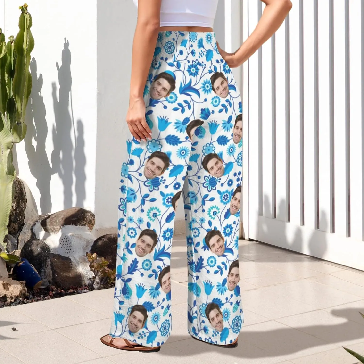 Custom Face Wide Leg Pants for Women Personalized Summer Beach Flowy High Waist Trousers with Pockets 2024 Fun Gift