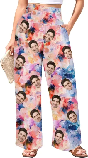 Custom Face Wide Leg Pants for Women Personalized Summer Beach Flowy High Waist Trousers with Pockets 2024 Fun Gift