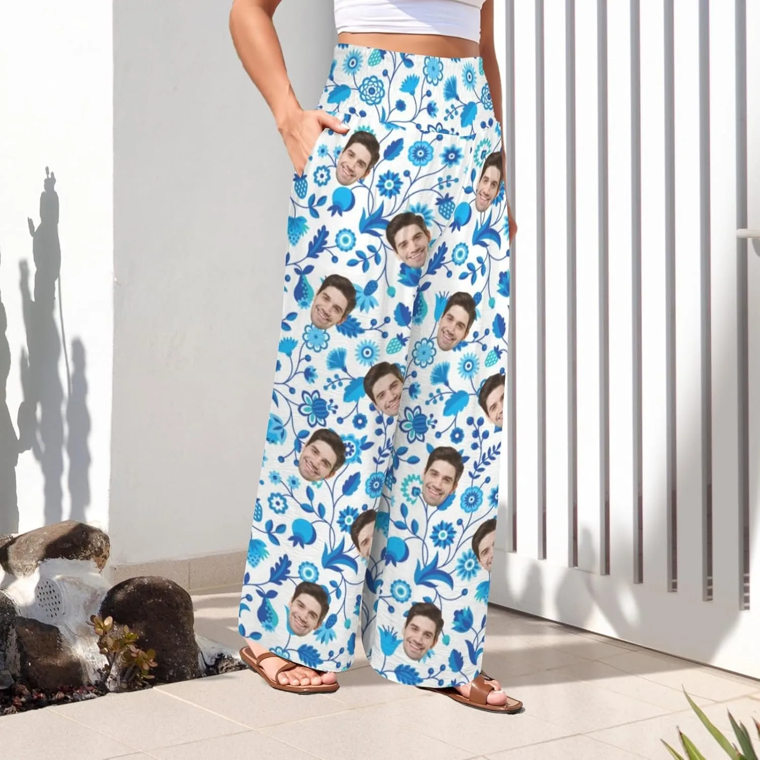 Custom Face Wide Leg Pants for Women Personalized Summer Beach Flowy High Waist Trousers with Pockets 2024 Fun Gift