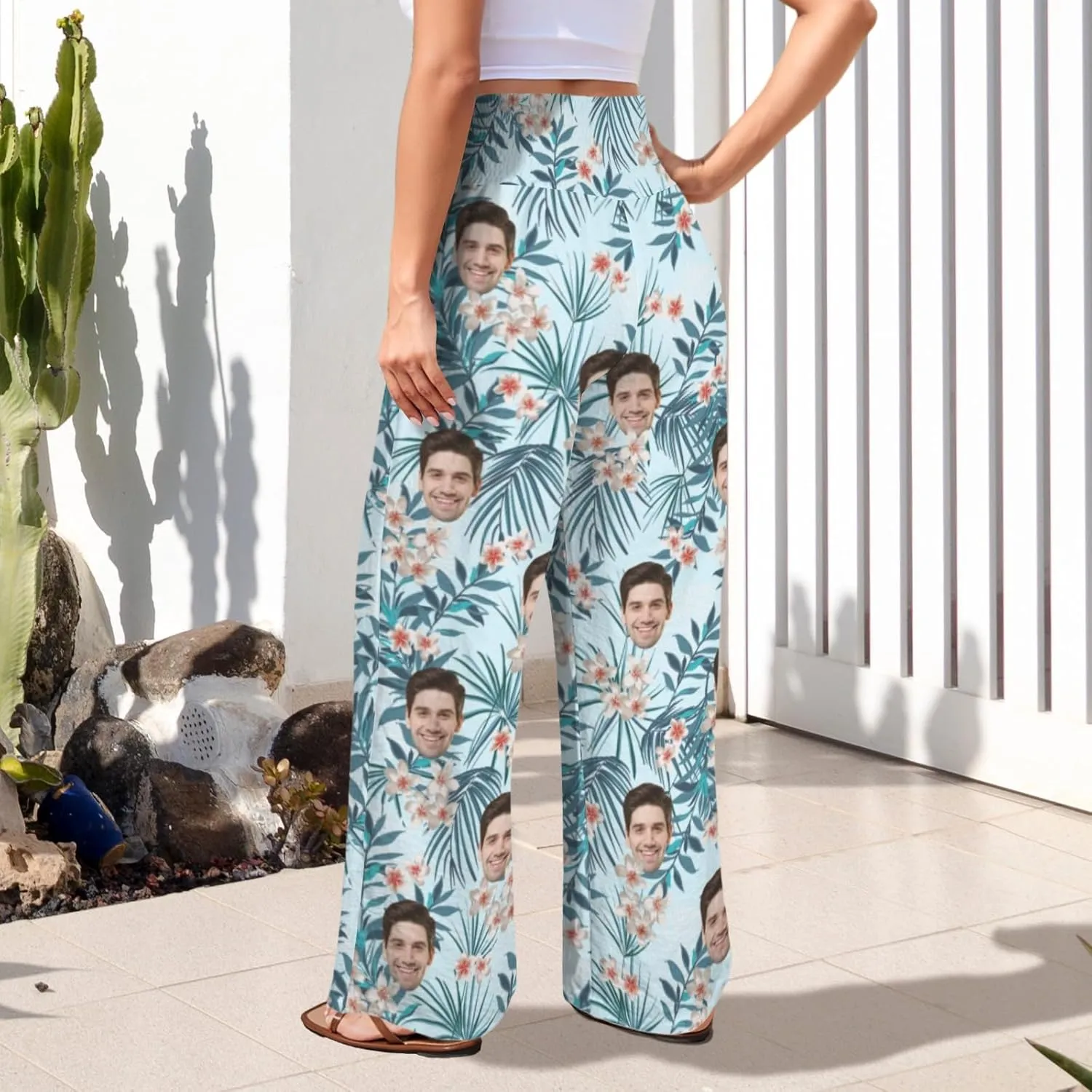 Custom Face Wide Leg Pants for Women Personalized Summer Beach Flowy High Waist Trousers with Pockets 2024 Fun Gift