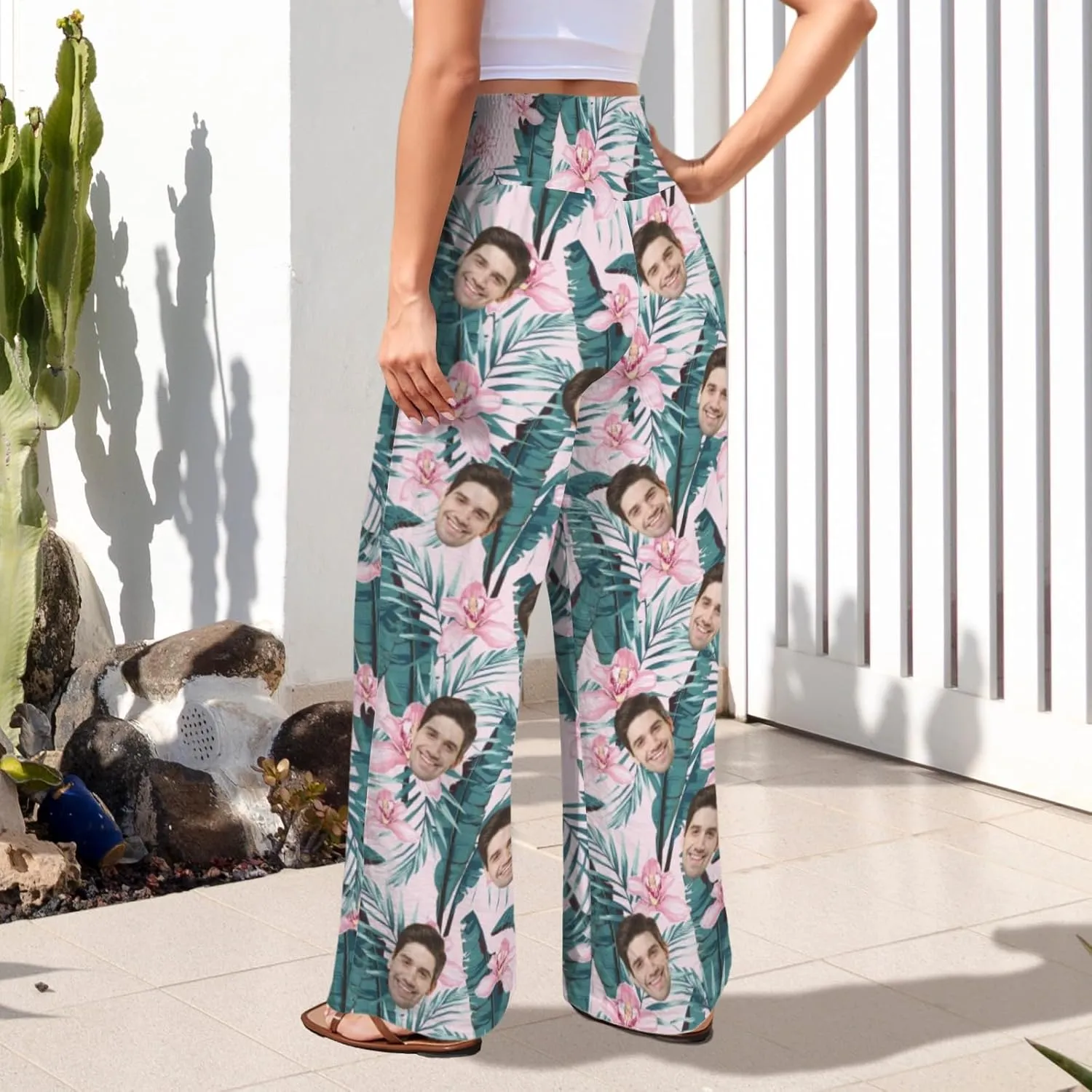 Custom Face Wide Leg Pants for Women Personalized Summer Beach Flowy High Waist Trousers with Pockets 2024 Fun Gift