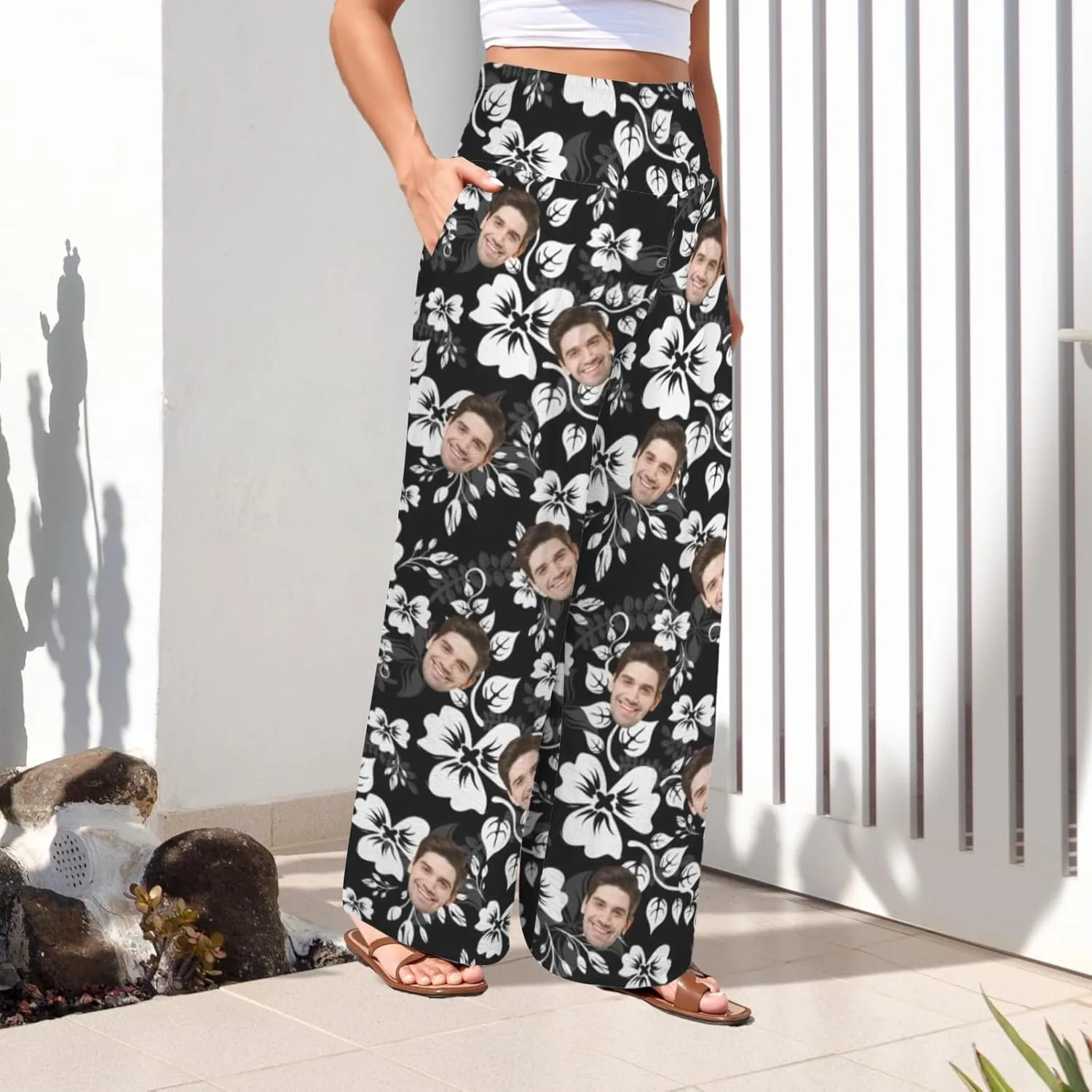 Custom Face Wide Leg Pants for Women Personalized Summer Beach Flowy High Waist Trousers with Pockets 2024 Fun Gift