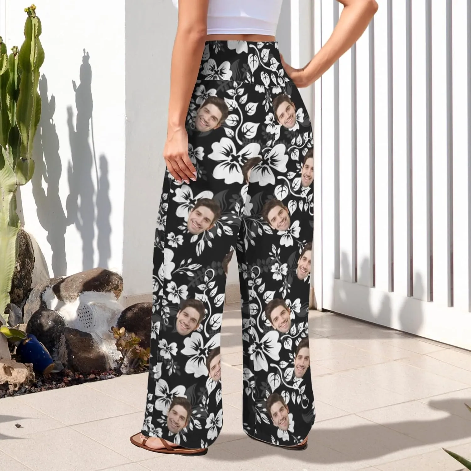 Custom Face Wide Leg Pants for Women Personalized Summer Beach Flowy High Waist Trousers with Pockets 2024 Fun Gift