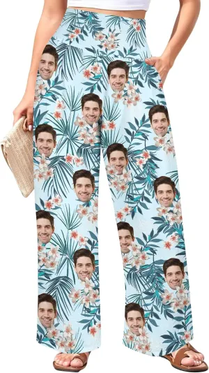 Custom Face Wide Leg Pants for Women Personalized Summer Beach Flowy High Waist Trousers with Pockets 2024 Fun Gift