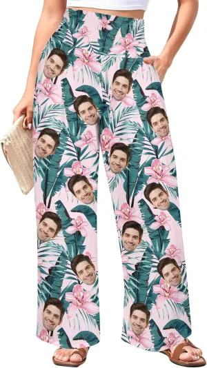 Custom Face Wide Leg Pants for Women Personalized Summer Beach Flowy High Waist Trousers with Pockets 2024 Fun Gift
