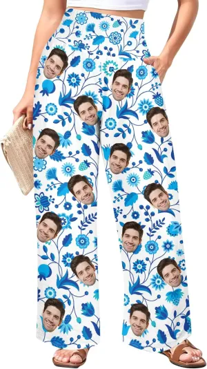 Custom Face Wide Leg Pants for Women Personalized Summer Beach Flowy High Waist Trousers with Pockets 2024 Fun Gift