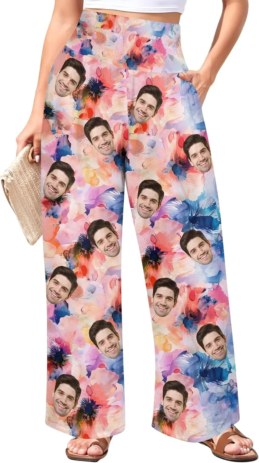 Custom Face Wide Leg Pants for Women Personalized Summer Beach Flowy High Waist Trousers with Pockets 2024 Fun Gift