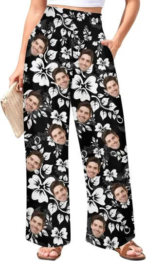 Custom Face Wide Leg Pants for Women Personalized Summer Beach Flowy High Waist Trousers with Pockets 2024 Fun Gift
