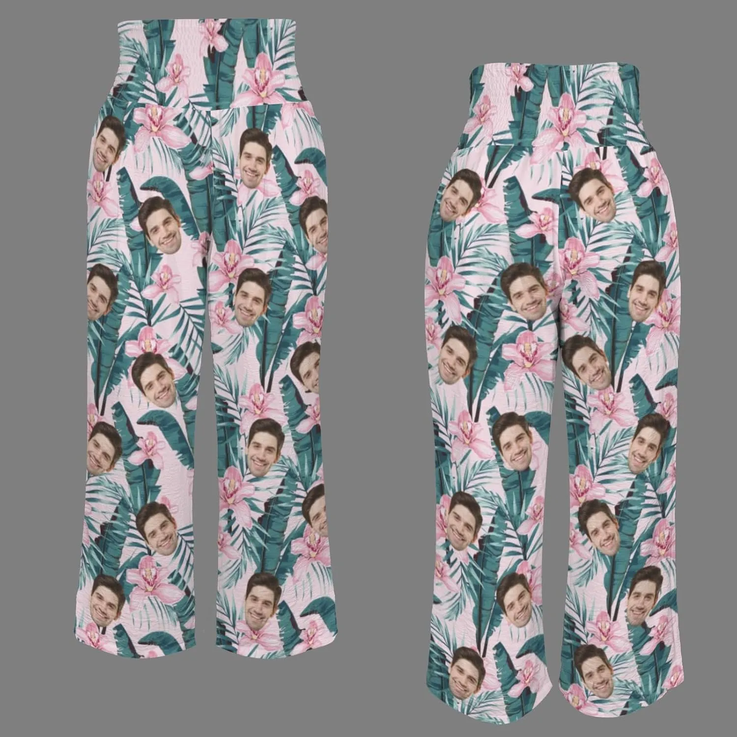 Custom Face Wide Leg Pants for Women Personalized Summer Beach Flowy High Waist Trousers with Pockets 2024 Fun Gift