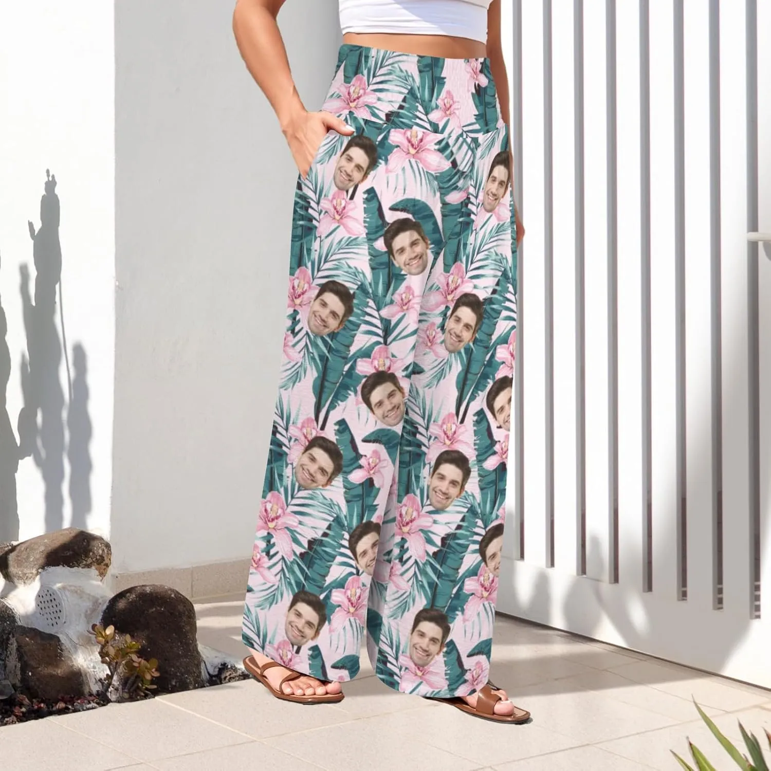 Custom Face Wide Leg Pants for Women Personalized Summer Beach Flowy High Waist Trousers with Pockets 2024 Fun Gift