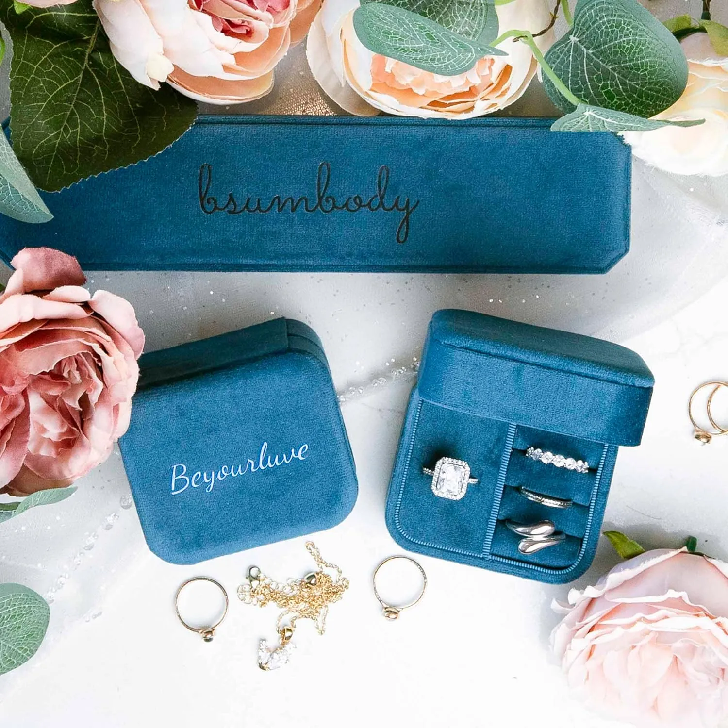 Customizable Velvet Ring Jewelry Box, Travel Jewelry Case, Travel Jewelry Organizer, Jewelry Box for Women and Girls, Small Jewelry Organizer (Dark Blue, Ring Box)